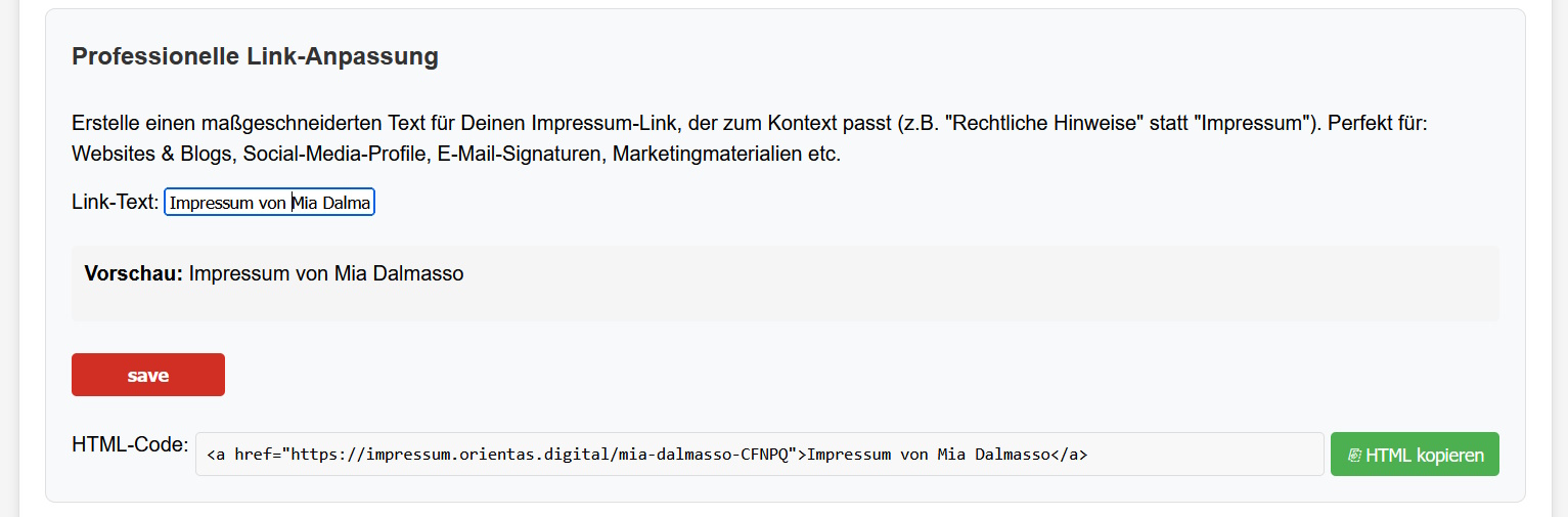 Screenshot Link imprint personalizzato