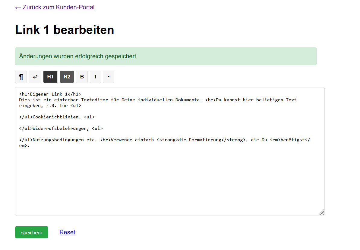 Screenshot Modifica link personalizzati