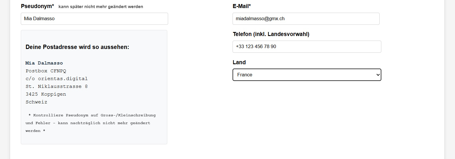 Screenshot Anteprima pseudonimo